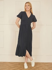 Yumi Blue Viscose Button Through Midi Dress - Image 2 of 5
