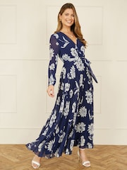 Yumi Blue Floral Print Pleated Wrap Long Sleeve Dress - Image 1 of 5