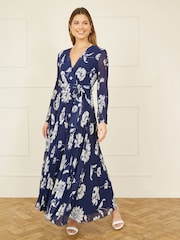 Yumi Blue Floral Print Pleated Wrap Long Sleeve Dress - Image 2 of 5