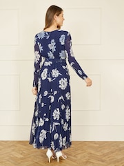 Yumi Blue Floral Print Pleated Wrap Long Sleeve Dress - Image 3 of 5