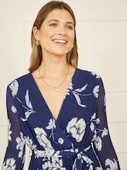 Yumi Blue Floral Print Pleated Wrap Long Sleeve Dress - Image 4 of 5