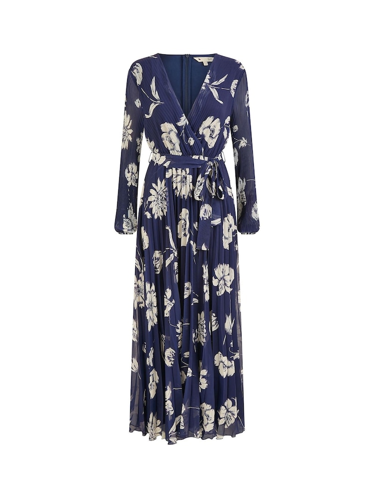 Yumi Blue Floral Print Pleated Wrap Long Sleeve Dress - Image 5 of 5