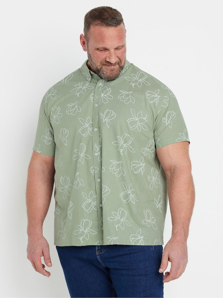 BadRhino Big & Tall Green Linear Floral Print Slub 100% Cotton Shirt - Image 1 of 6