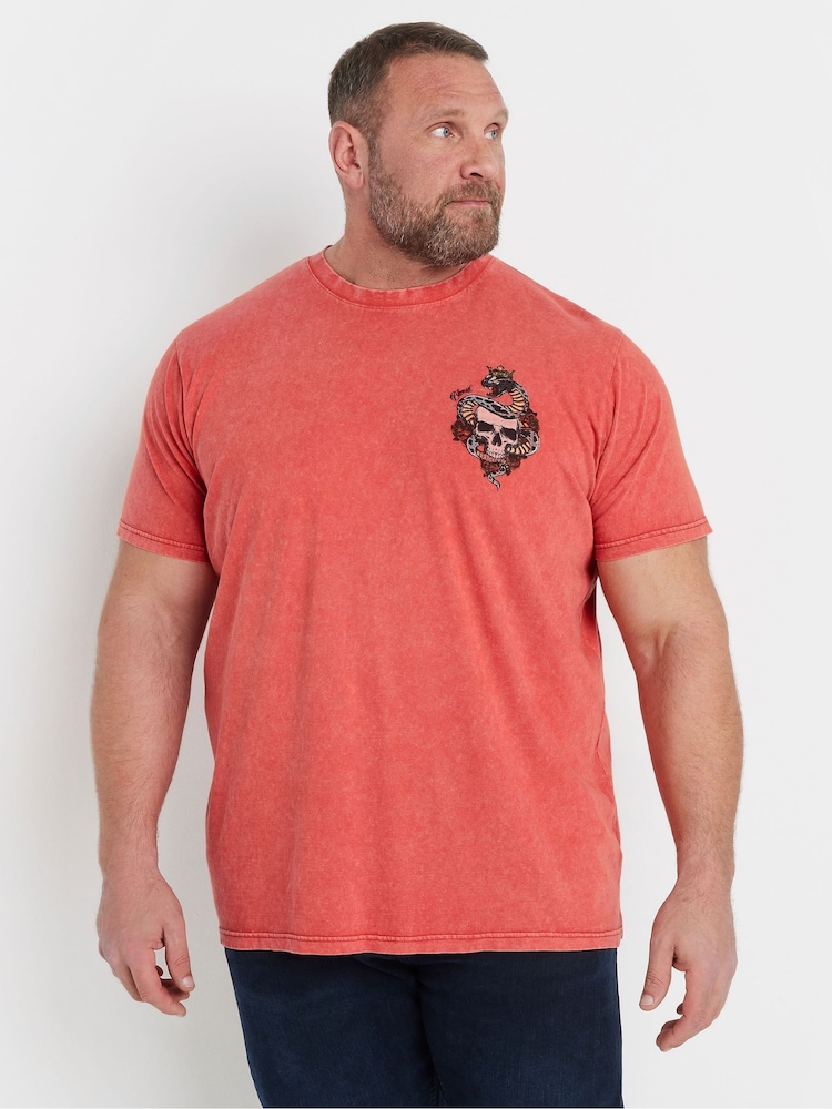 BadRhino Big & Tall Red Acid Wash Skull & Snake 100% Cotton T-Shirt - Image 1 of 7