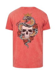 BadRhino Big & Tall Red Acid Wash Skull & Snake 100% Cotton T-Shirt - Image 7 of 7