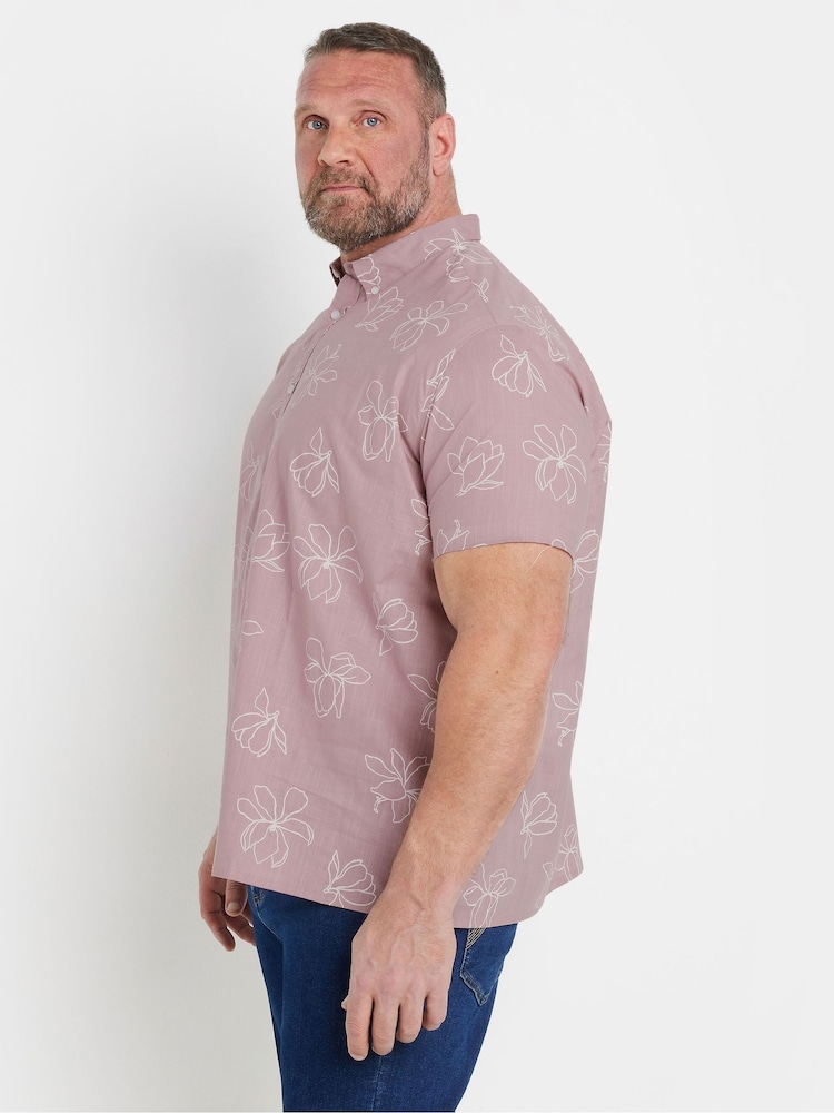 BadRhino Big & Tall Pink Linear Floral Print Slub 100% Cotton Shirt - Image 2 of 6