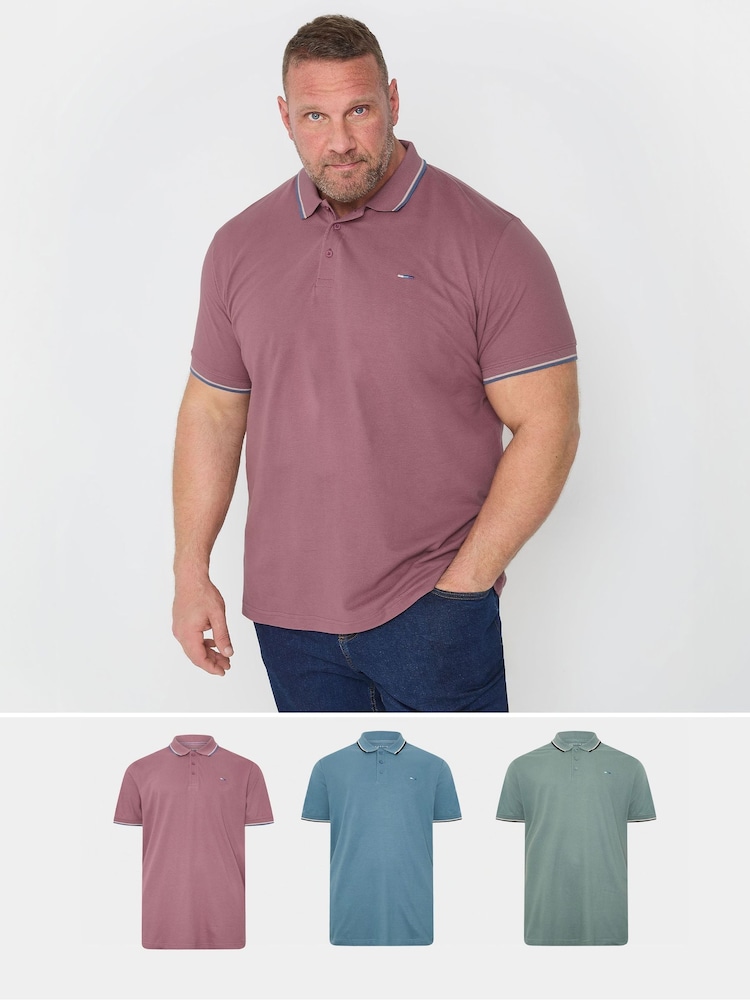 BadRhino Big & Tall Blue Tipped Pique 100% Cotton Polo Shirts 3 Pack - Image 1 of 7