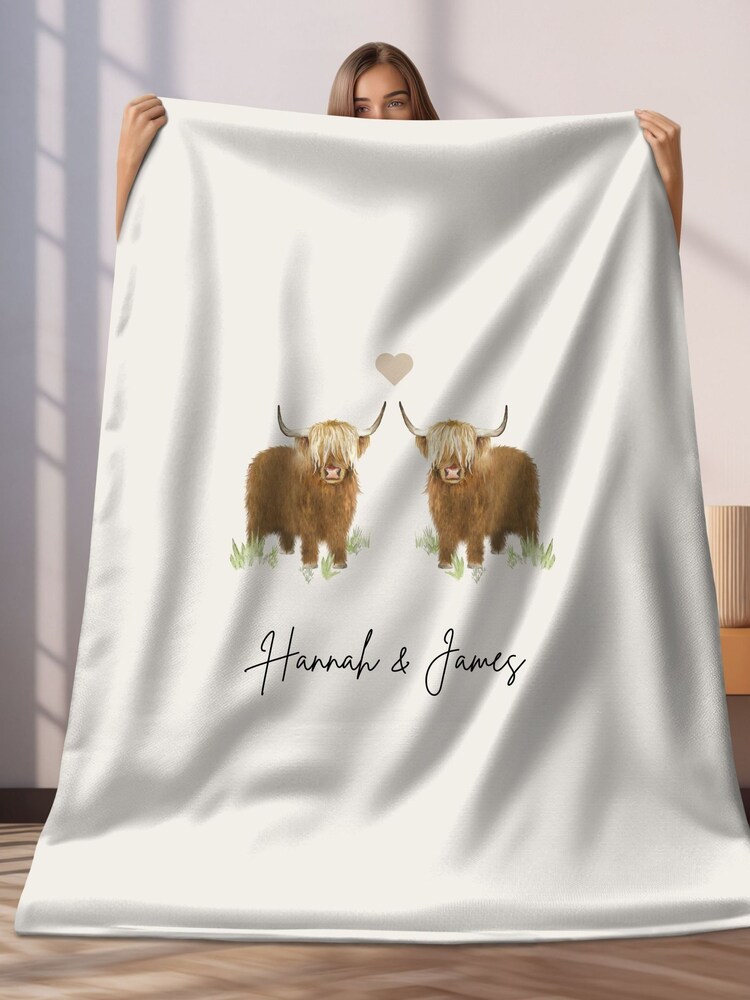 Personalised Couplse Highland Cow Blanket by Koko Blossom - Image 1 of 3