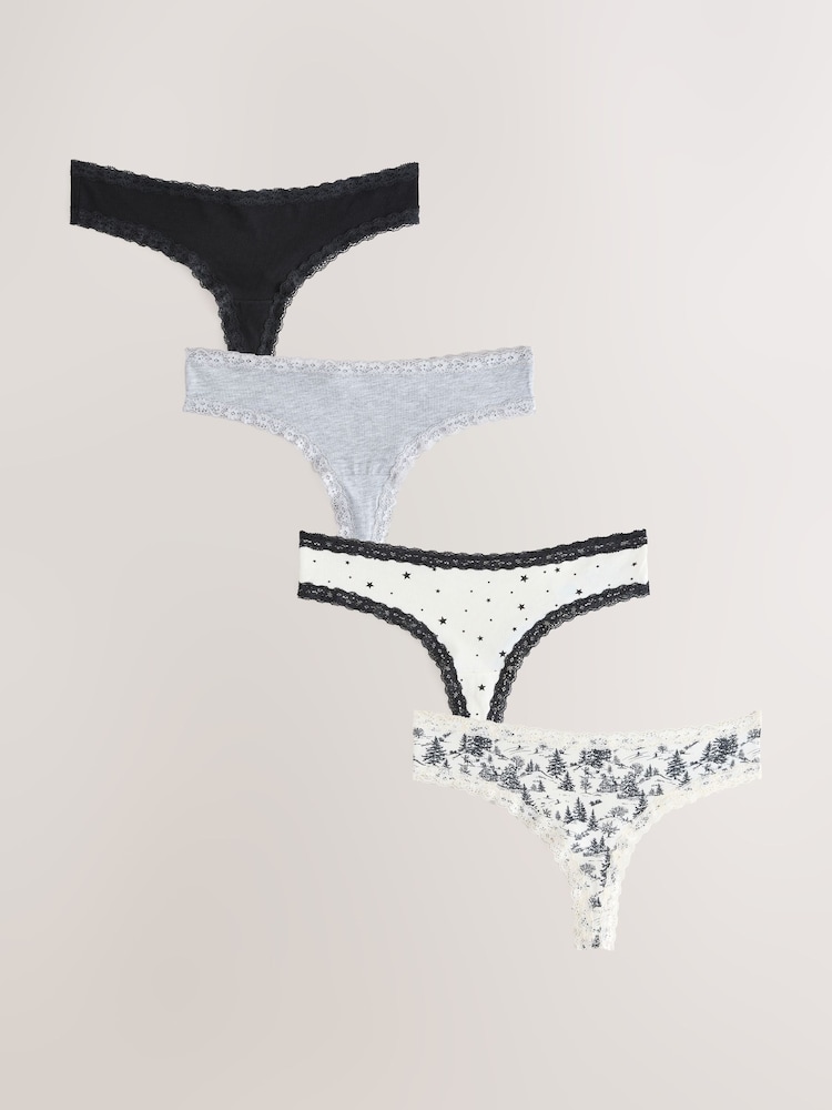 Black/Cream Thong Lace Knickers 4 Pack - Image 1 of 7