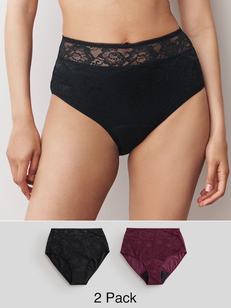 Black / Berry Full Brief All Over Lace Medium Flow Period Knickers 2 Pack - Image 1 of 9