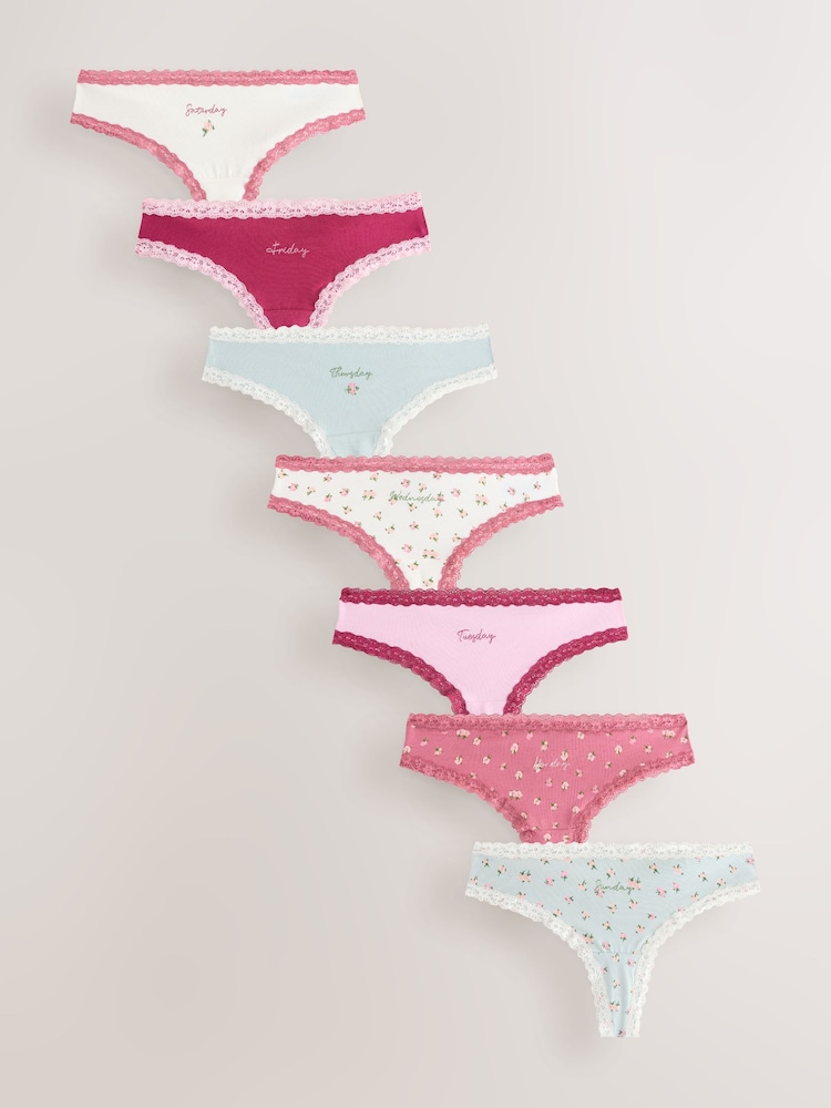 Pink Ditsy Floral Thong Cotton and Lace Knickers 7 Pack - Image 1 of 11 Pink Ditsy Floral Thong Cotton and Lace Knickers 7 Pack - Image 1 of 11