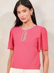 Lipsy Pink Flutter Sleeve Keyhole T-Shirt - Image 2 of 4