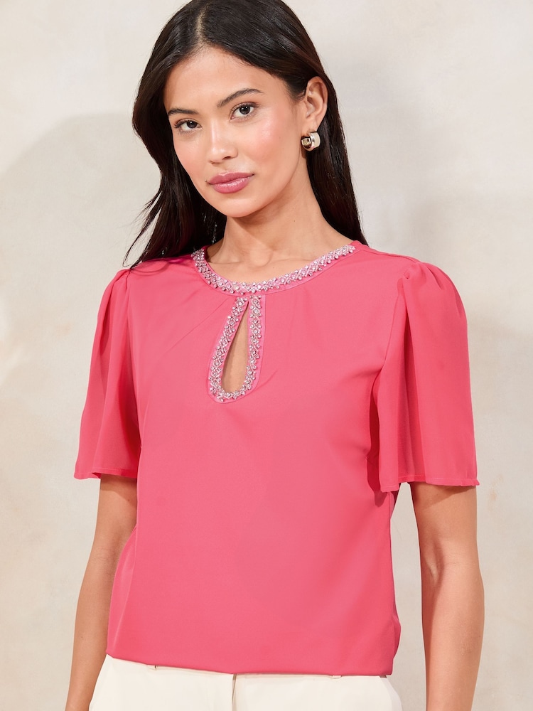 Lipsy Pink Flutter Sleeve Keyhole T-Shirt - Image 2 of 4