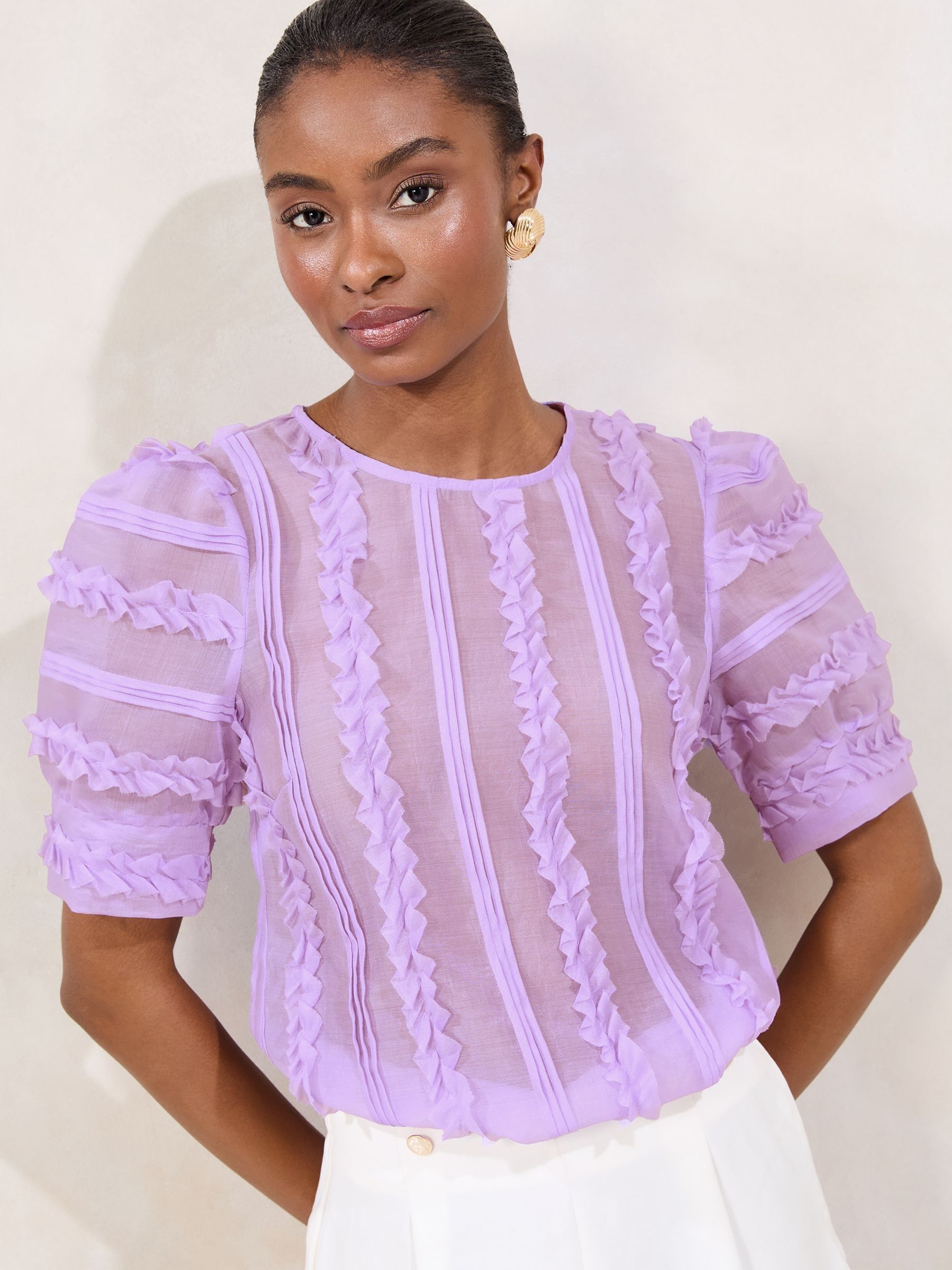 Threaded Pear Violet Puff Sleeve Textured Blouse