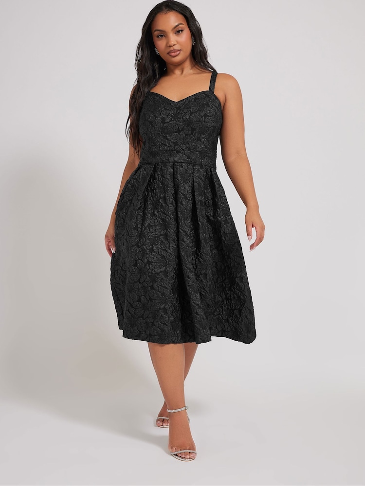 Yours Curve Black London Sweetheart Jacquard Prom Skater Dress - Image 2 of 5