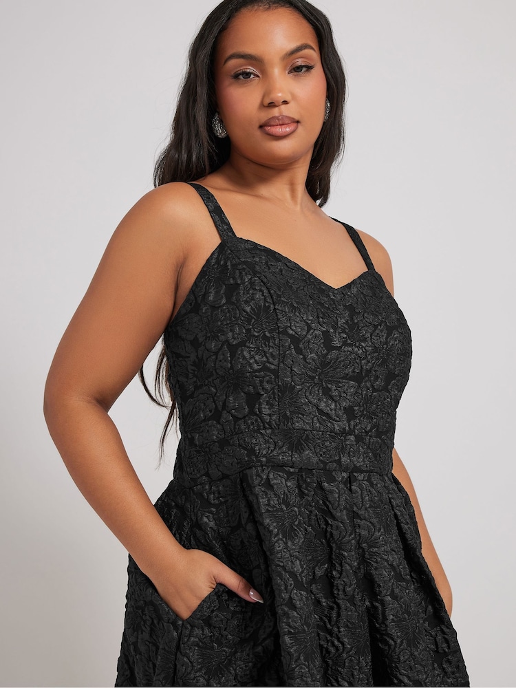 Yours Curve Black London Sweetheart Jacquard Prom Skater Dress - Image 3 of 5