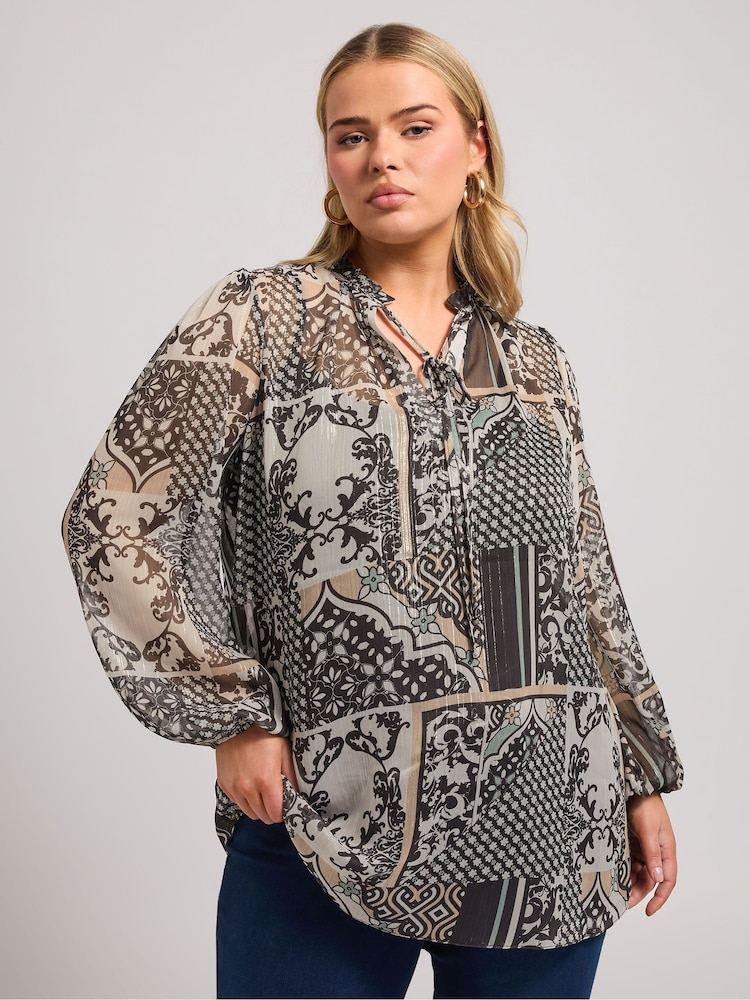 Yours Curve Natural London Scarf Ruffle Metallic Blouse - Image 1 of 6