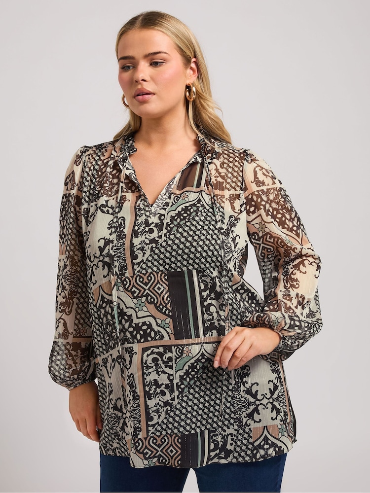 Yours Curve Natural London Scarf Ruffle Metallic Blouse - Image 2 of 6