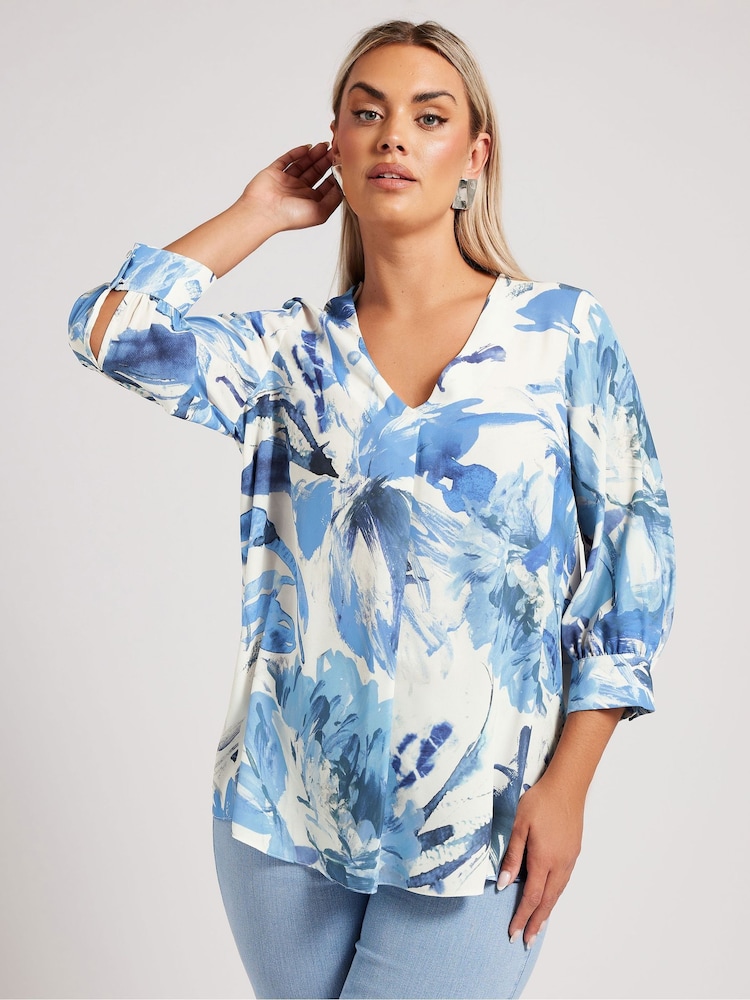 Yours Curve Blue London Pleated Front Blouse - Image 1 of 4