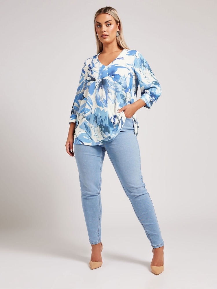 Yours Curve Blue London Pleated Front Blouse - Image 2 of 4