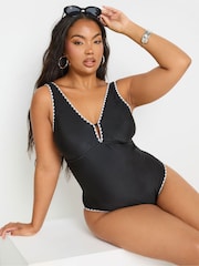 Yours Curve Black Blanket Stitch Plunge Swimsuit - Image 1 of 6