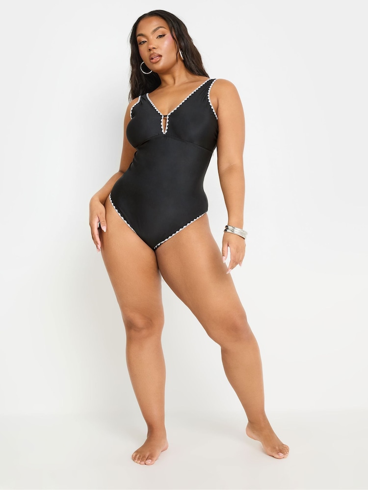 Yours Curve Black Blanket Stitch Plunge Swimsuit - Image 2 of 6