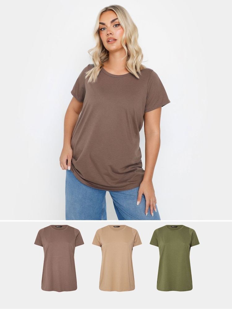 Yours Curve Brown Core Basic T-Shirts 3 Pack - Image 1 of 9