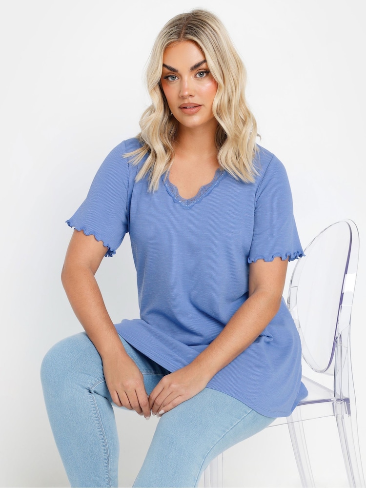Yours Curve Blue Slub Sleeve Lace Insert Top - Image 1 of 5 Yours Curve Blue Slub Sleeve Lace Insert Top - Image 1 of 5