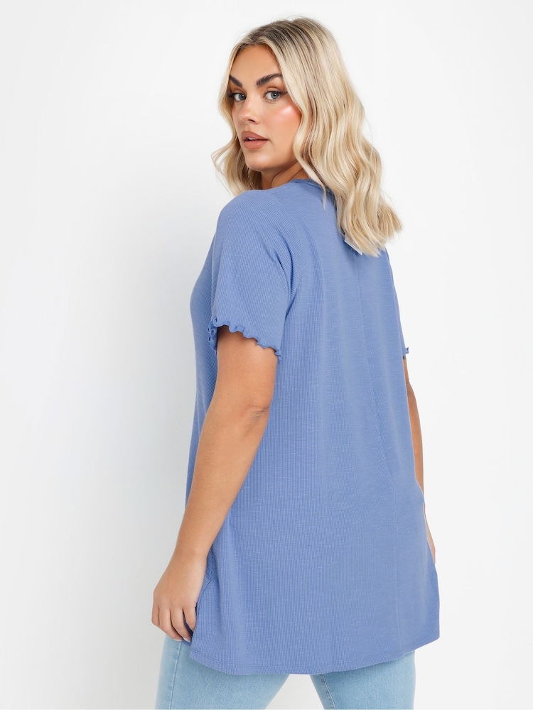 Yours Curve Blue Slub Sleeve Lace Insert Top - Image 2 of 5 Yours Curve Blue Slub Sleeve Lace Insert Top - Image 2 of 5