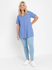 Yours Curve Blue Slub Sleeve Lace Insert Top - Image 3 of 5