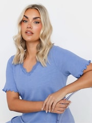 Yours Curve Blue Slub Sleeve Lace Insert Top - Image 4 of 5