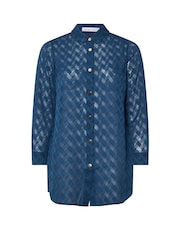 Yours Curve Blue London Textured Long Line Shirt - Image 5 of 5