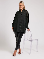 Yours Curve Black London Textured Long Line Shirt - Image 1 of 5
