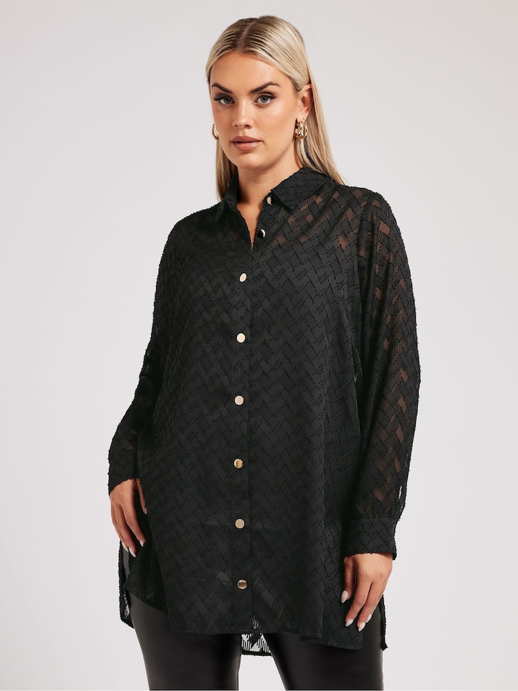 Yours Curve Black London Textured Long Line Shirt - Image 2 of 5