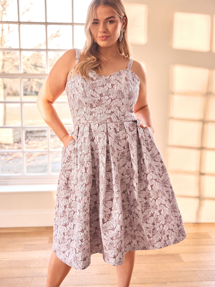 Yours Curve Pink London Sweetheart Jacquard Prom Skater Dress - Image 1 of 6