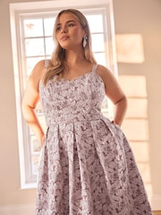 Yours Curve Pink London Sweetheart Jacquard Prom Skater Dress - Image 2 of 6