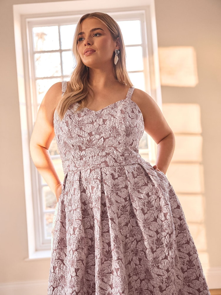 Yours Curve Pink London Sweetheart Jacquard Prom Skater Dress - Image 2 of 6