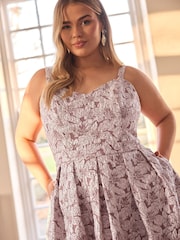 Yours Curve Pink London Sweetheart Jacquard Prom Skater Dress - Image 3 of 6