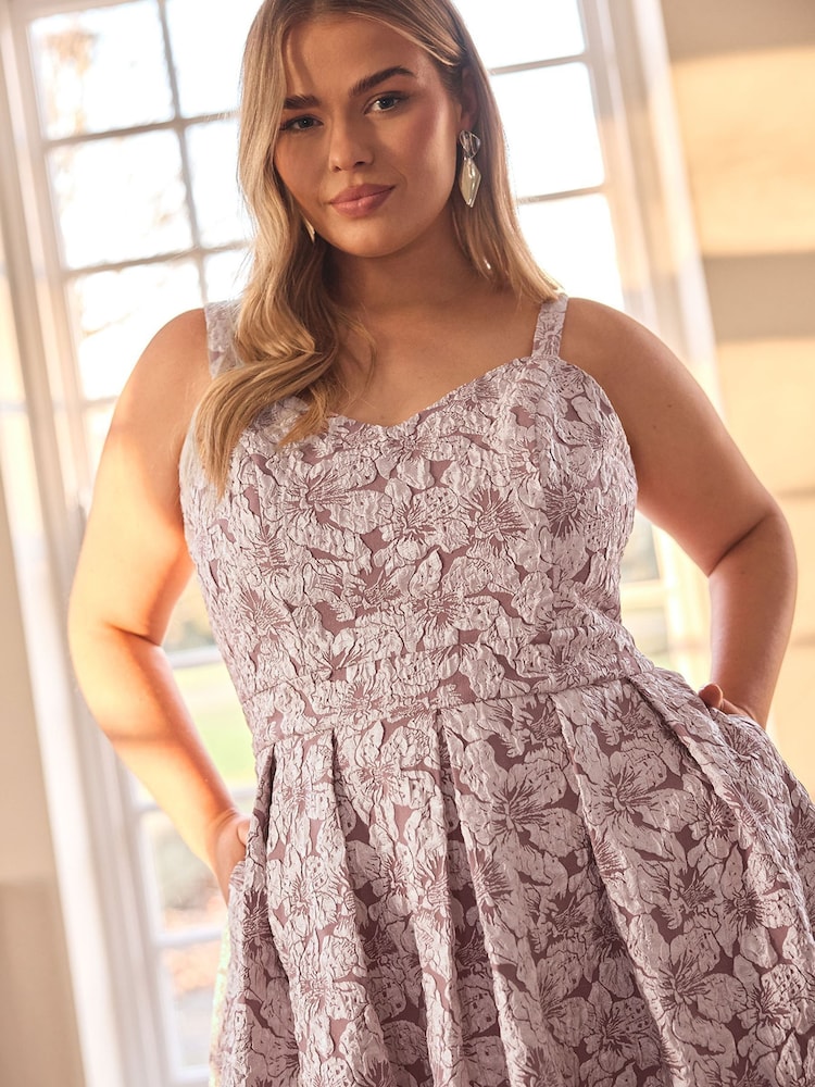 Yours Curve Pink London Sweetheart Jacquard Prom Skater Dress - Image 3 of 6