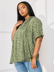 Yours Curve Green Grown On Sleeve Notchneck Top - Image 1 of 5
