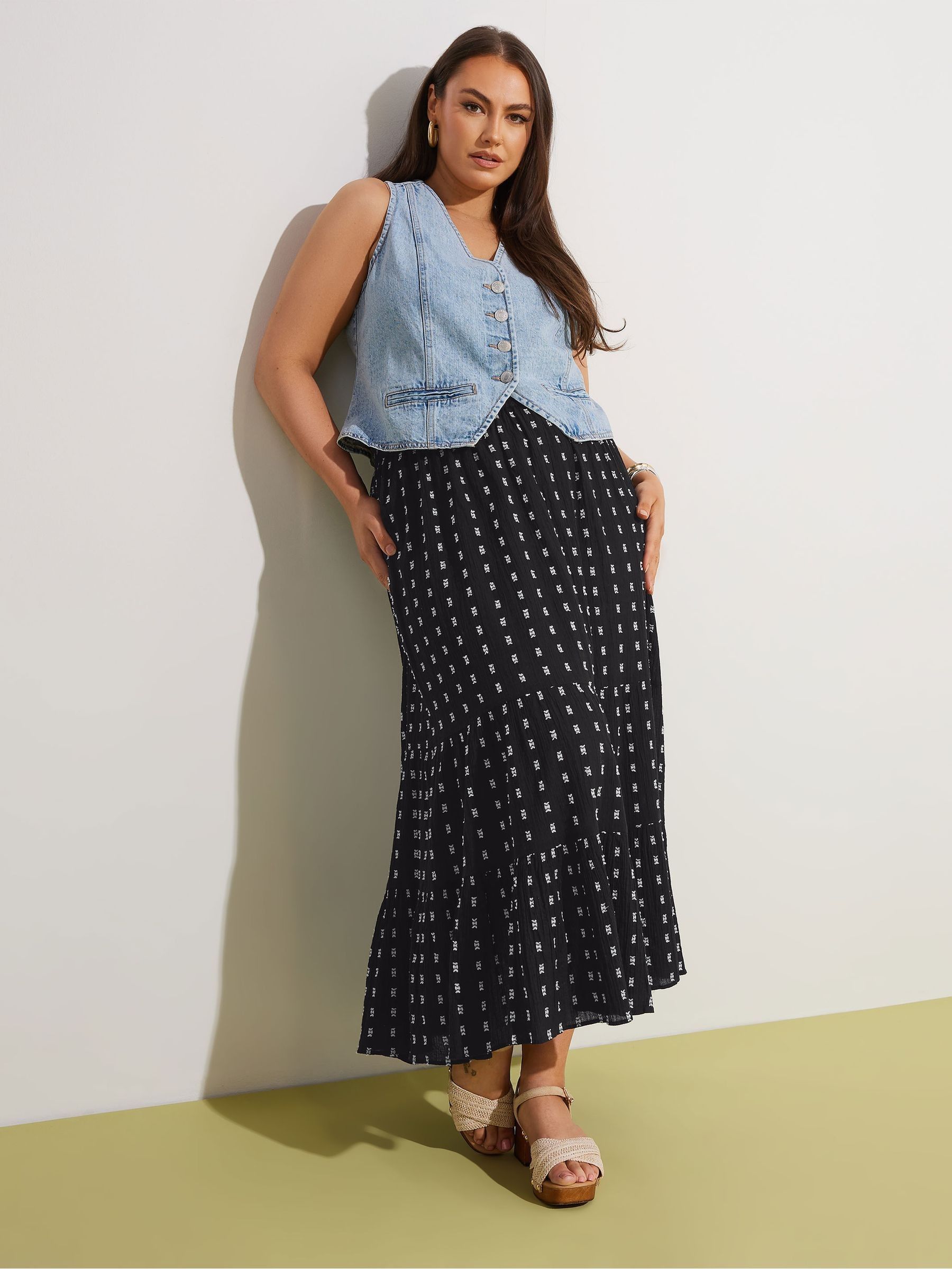 Buy Yours Curve Black 100% Cotton Swiss Dot Tiered Maxi Skirt from
