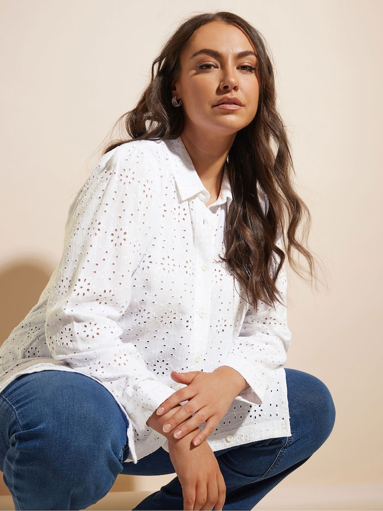 Yours Curve White Broderie Long Sleeve Shirt - Image 1 of 6