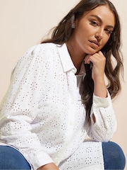 Yours Curve White Broderie Long Sleeve Shirt - Image 5 of 6