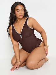 Yours Curve Brown Blanket Stitch Plunge Swimsuit - Image 1 of 6