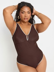 Yours Curve Brown Blanket Stitch Plunge Swimsuit - Image 2 of 6
