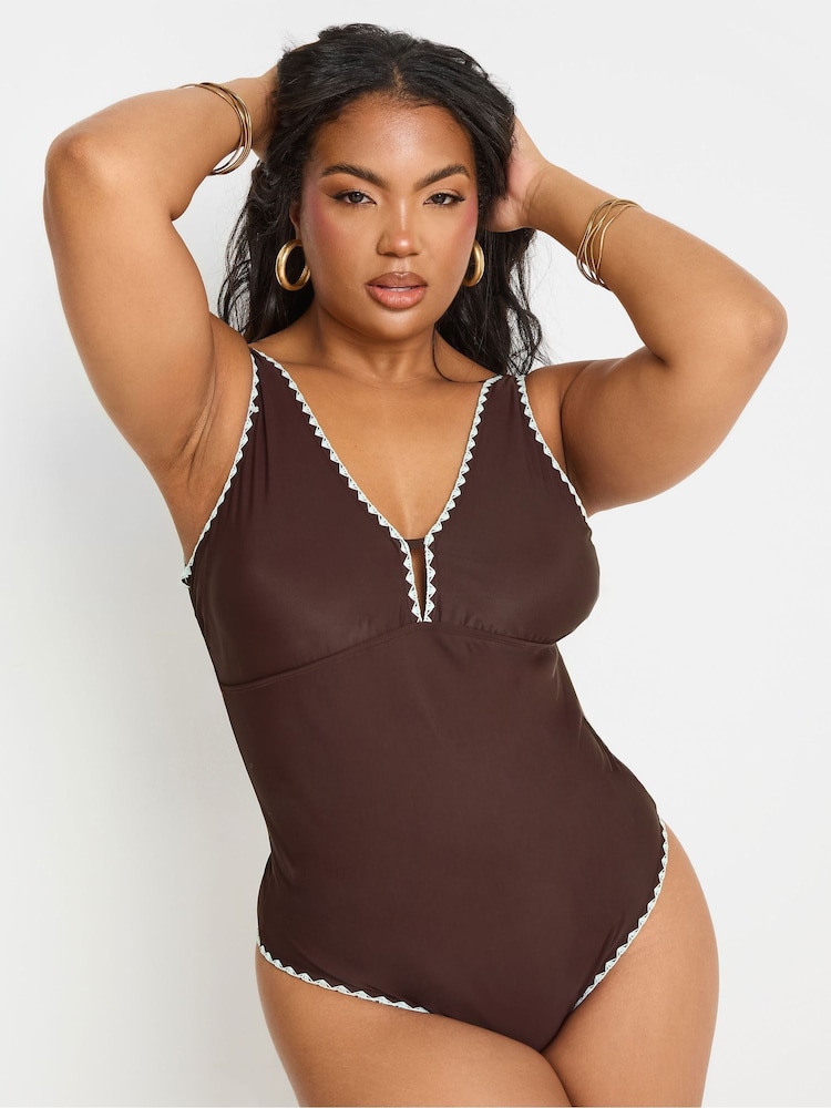 Yours Curve Brown Blanket Stitch Plunge Swimsuit - Image 2 of 6