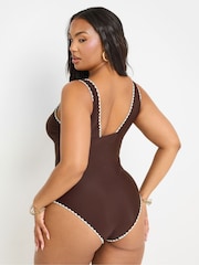 Yours Curve Brown Blanket Stitch Plunge Swimsuit - Image 4 of 6