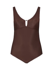Yours Curve Brown Blanket Stitch Plunge Swimsuit - Image 5 of 6