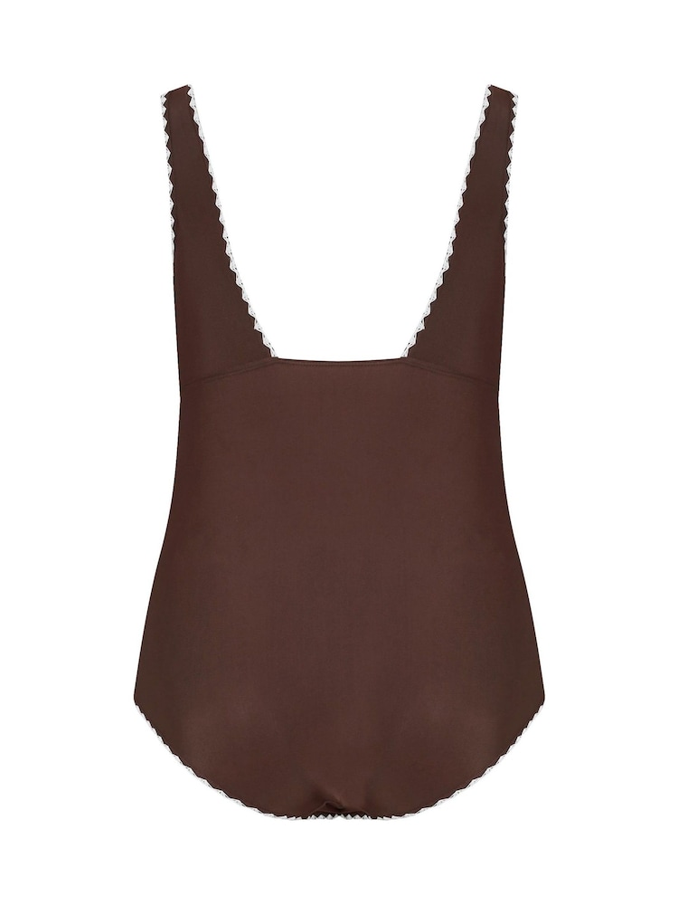 Yours Curve Brown Blanket Stitch Plunge Swimsuit - Image 6 of 6
