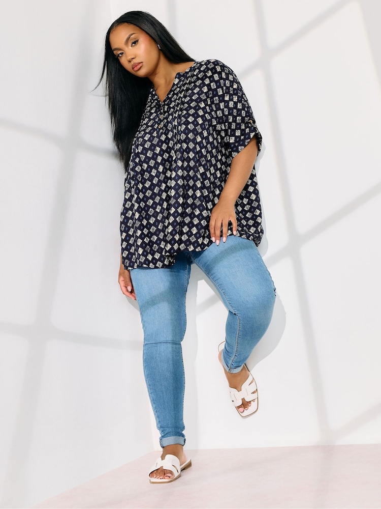 Yours Curve Blue Grown On Sleeve Notchneck Top - Image 2 of 5